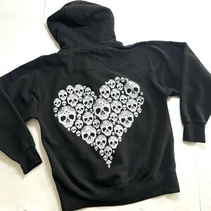 SKULL Print Heart Shape Full Zip‎ Black Hoodie Sweatshirt Pockets Women's Size M
